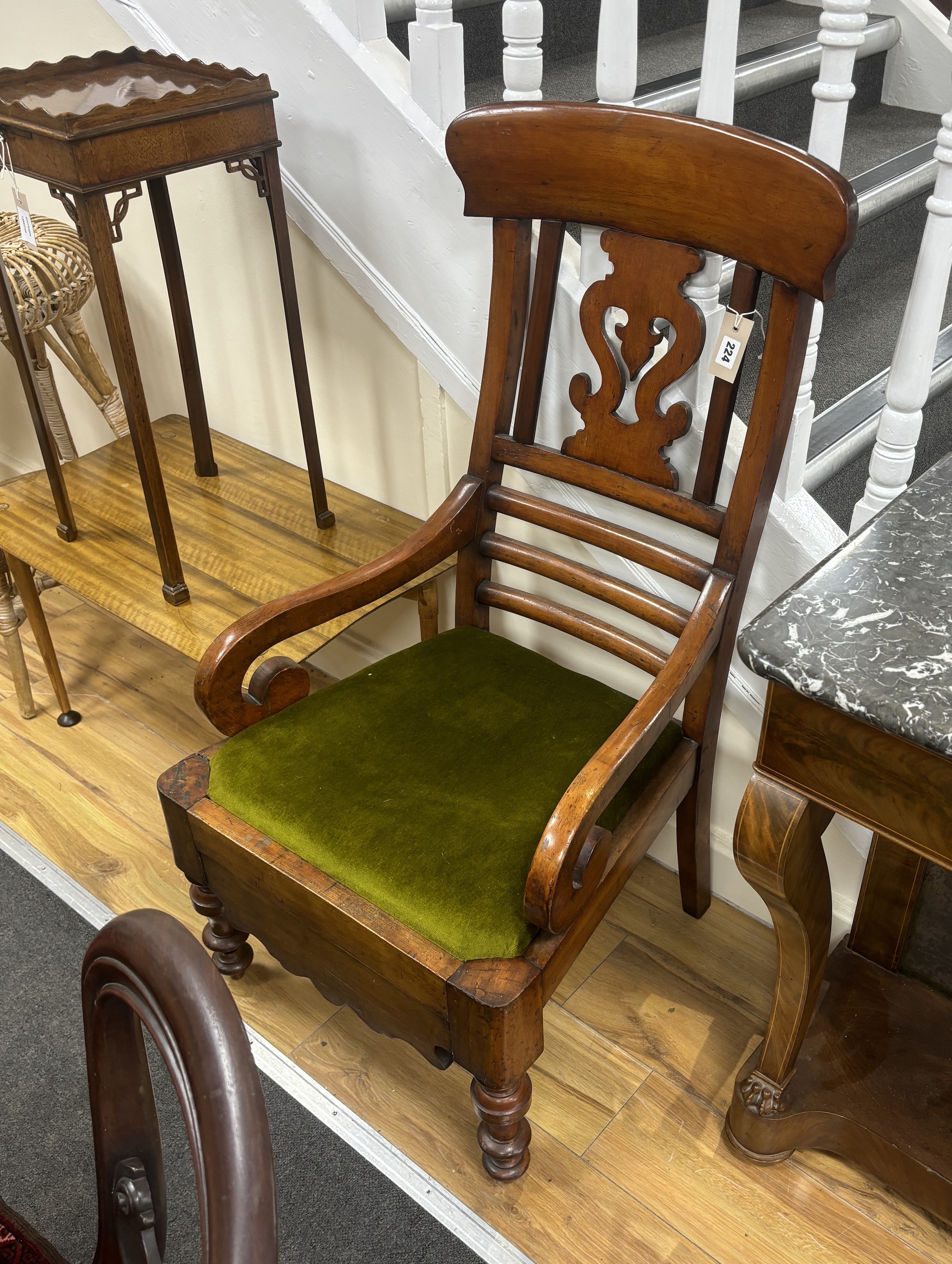 A Victorian mahogany commode elbow chair, width 55cm, depth 50cm, height 109cm